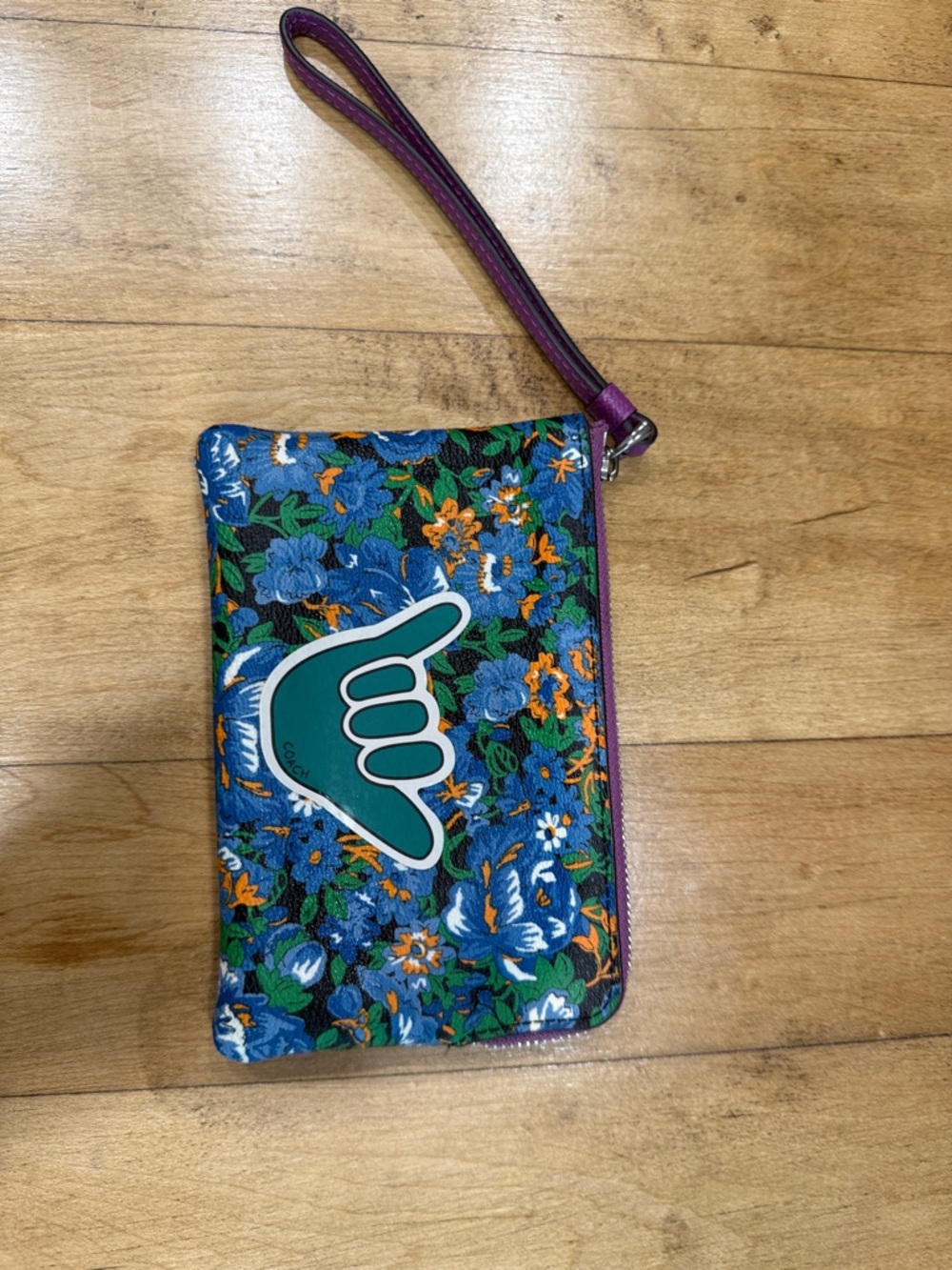 Coach Floral Wristlet Pouch with Teal Shaka Graphic